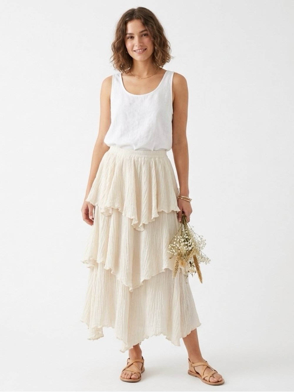 Jen’s Pirate Booty x Free People Cream Gauze Cotton Tiered Layered Midi Skirt